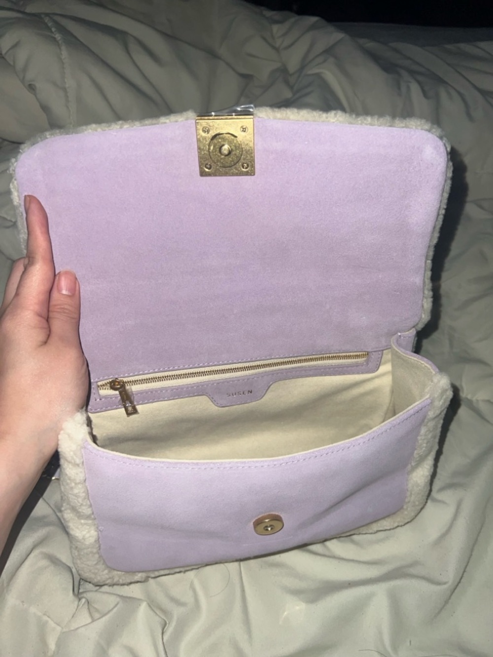 Shearling Lavender Suede Crossbody Bag - Unknown Brand